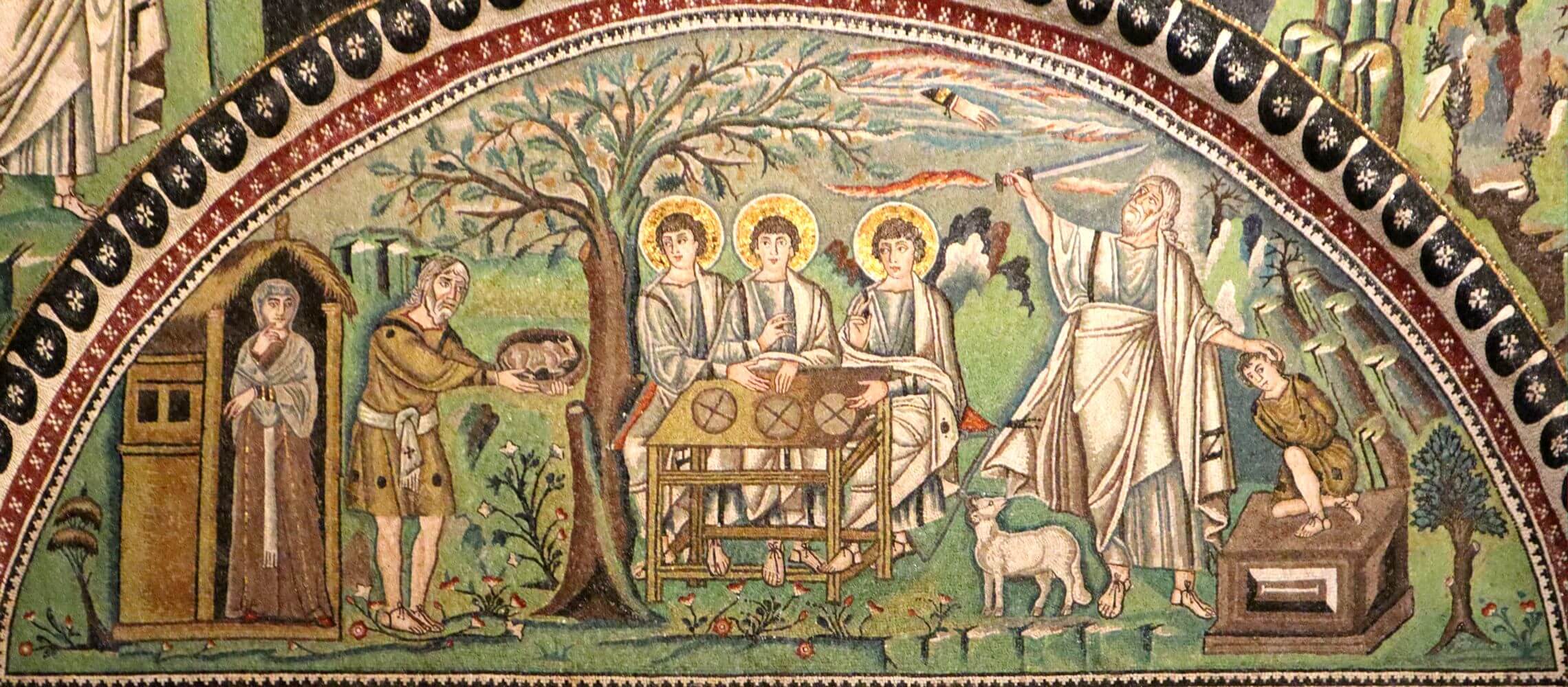 Mosaik: Abrahams Gastfreundschaft und Gehorsam., 6. Jahrhundert, in der Kirche San Vitale in Ravenna