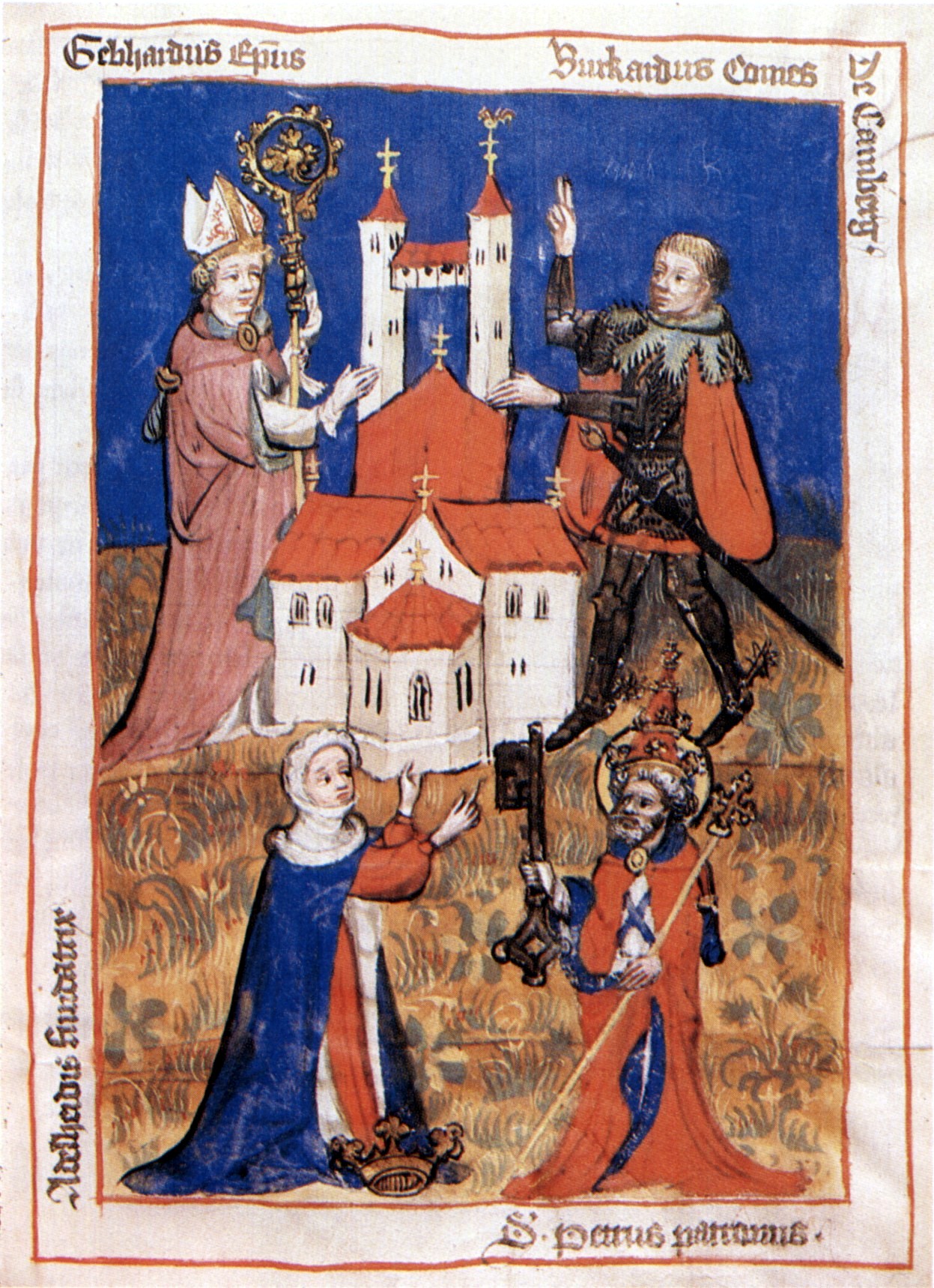 Buchmalerei: Adelheid (links unten), Petrus (rechts unten), Bischofs Gebhard III. von Regensburg (links oben) und Graf Burchard von Comburg (rechts oben), um 1420, aus dem Öhringer Obleybuch, im Hohenlohe-Zentralarchiv im Schloss in Neuenstein bei Heilbronn