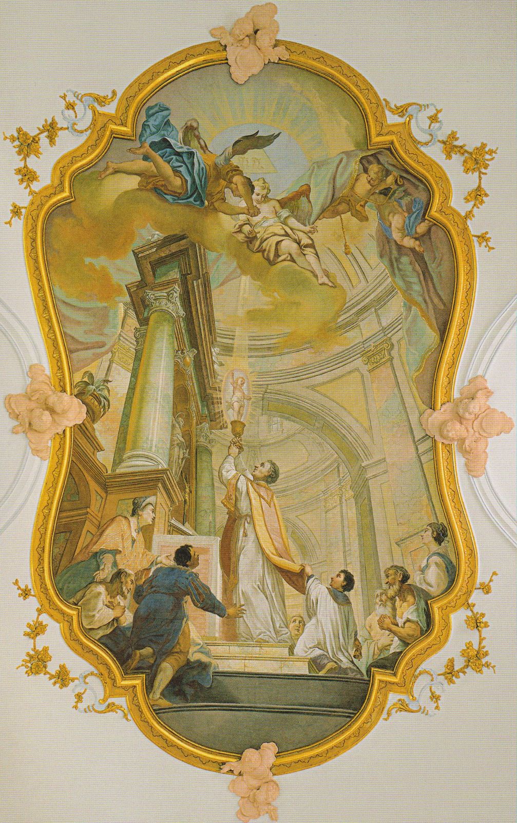 Joseph Mages: Altos Vision vom Entsteigen des Jesuskindes aus dem Kelch bei der Eucharistie, 1767, Deckenfresko in der Klosterkirche Altomünster