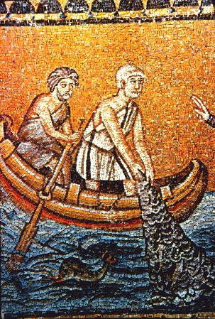 Mosaik: Andreas als Fischer, vor 526, in der Kirche San Apollinare Nuovo in Ravenna