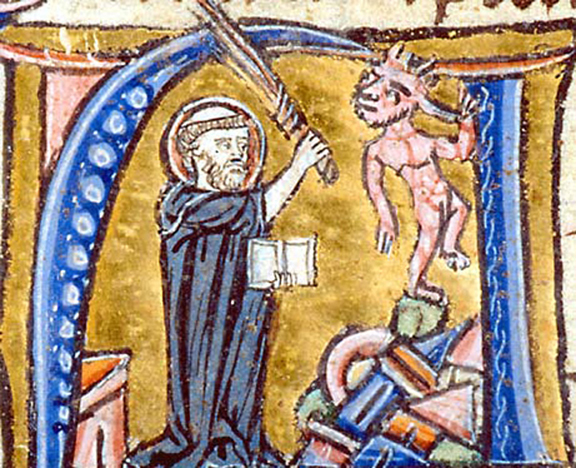 Buchmalerei: Augustinus bekämpft Irrlehrer, 13. Jahrhundert