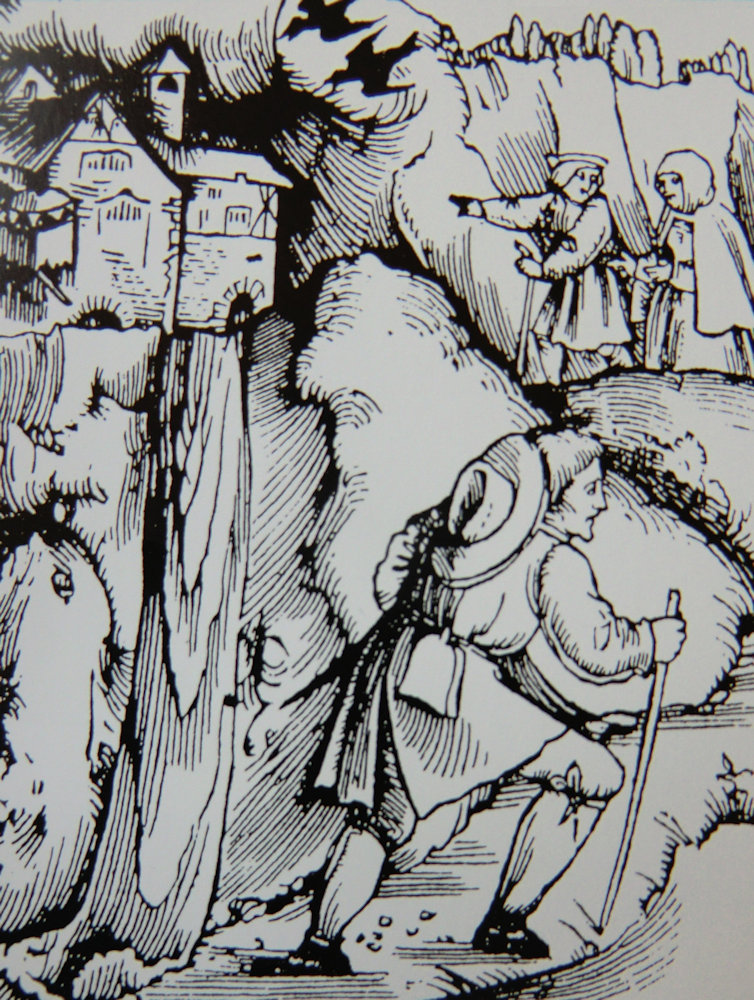 Urs Graf: Die Wallfahrt zur Beatuskapelle am Eingang der Höhlen, 1511, aus dem „Beatusbüchlein” von Daniel Agricola
