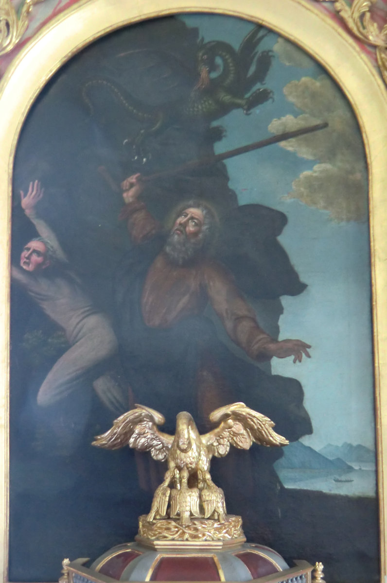Altarbild: Beatus und Achates vertreiben den Drachen, um 1710, in der Beatus-Kapelle in Lungern