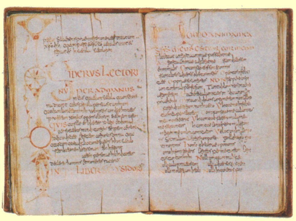 Ragyndrudis-Codex aus den Anfängen der Christianisierung in Norddeutschland, 7./8. Jahrhundert, mit Schäden durch Schwerthiebe, angeblich weil Bonifatius diesen Codex in Dokkum zum Schutz vor sich hielt