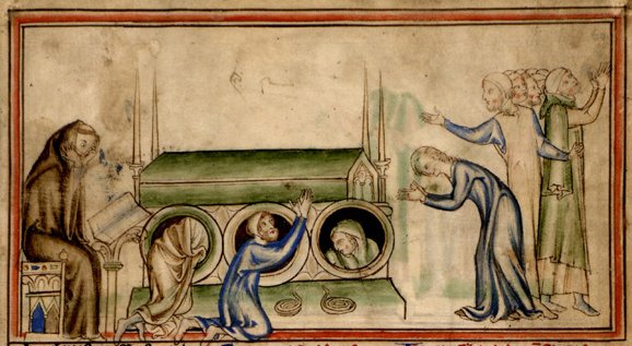 Kranke suchen an Edwards Grab Heilung. Buchmalerei aus dem „Leben von Edward, dem Bekenner”, verfasst um 1240, illustriert um 1255, in der Bücherei der Universität Cambridge