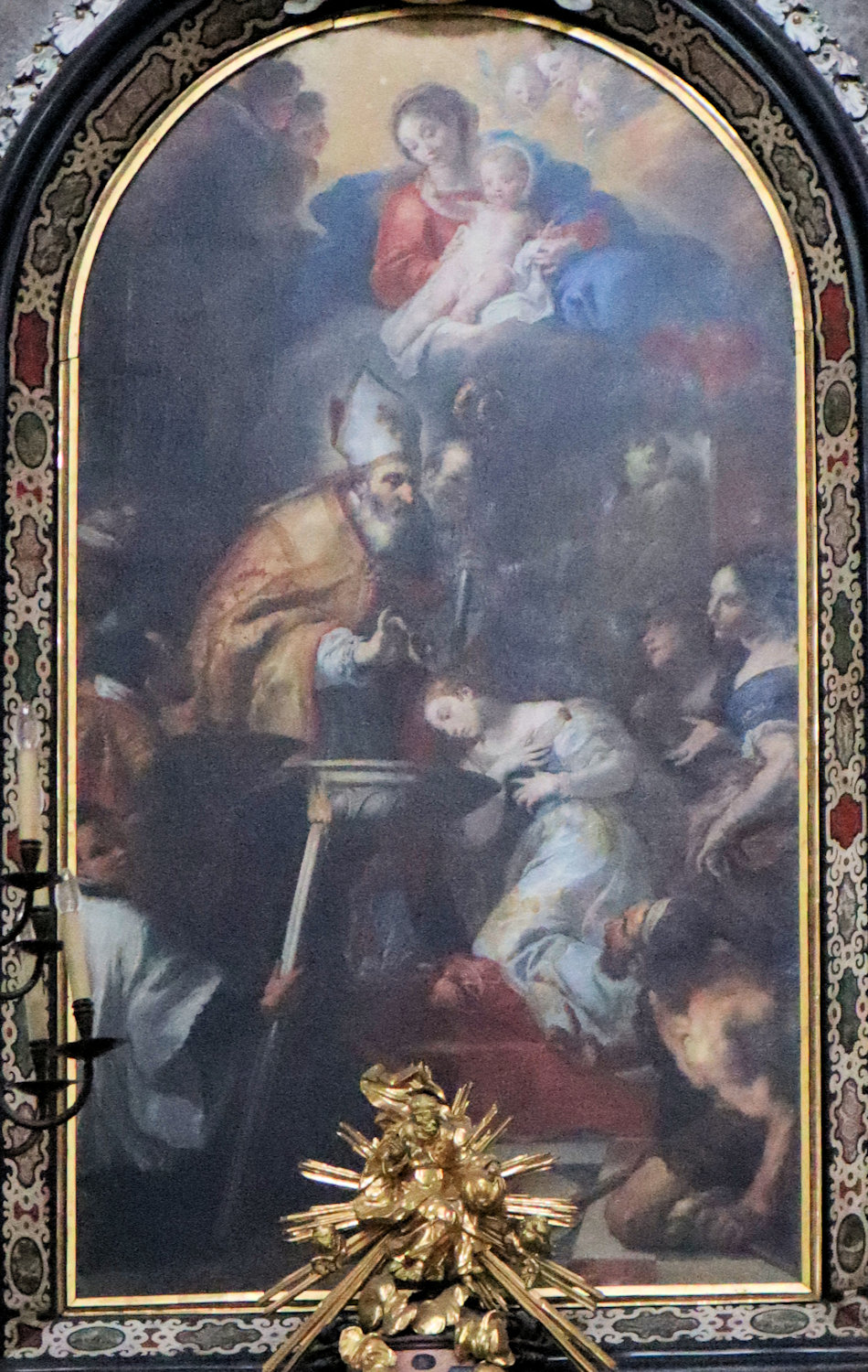 Johann Michael Rottmayr: Erhard tauft Odilia, 1692, Hochaltar in der Erhard geweihten Pfarrkirche in Salzburg