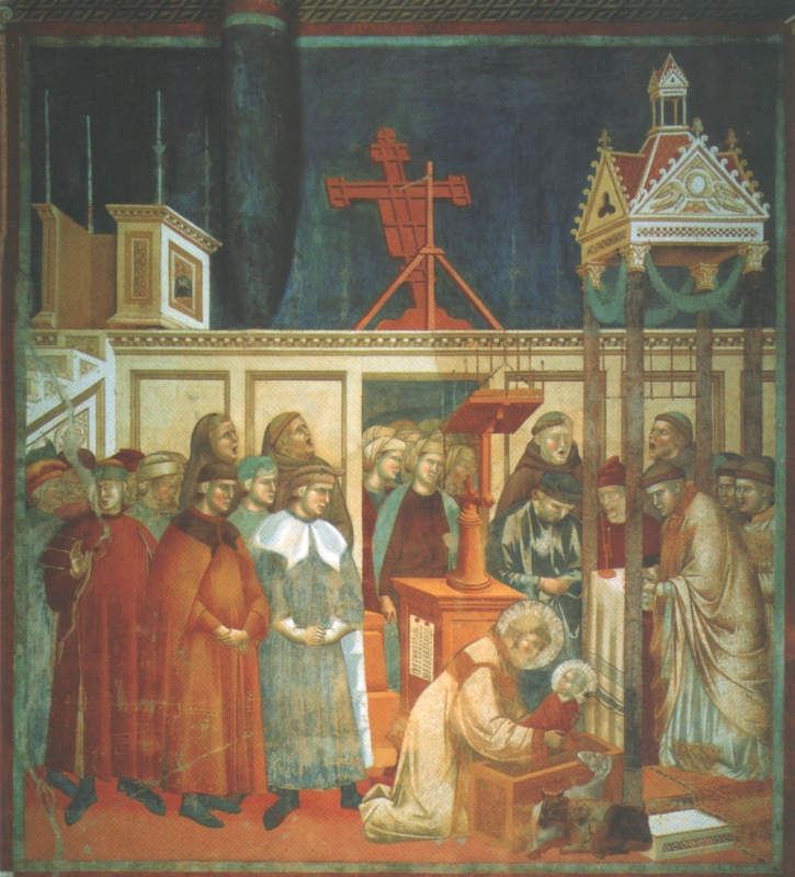 Giotto di Bondone: Johannes Velita (im roten Gewand, links vom knienden Franziskus) bei der ersten Krippenfeier im Felsenkloster Greccio, um 1298, in der Oberkirche der Basilica di San Francesco in Assisi