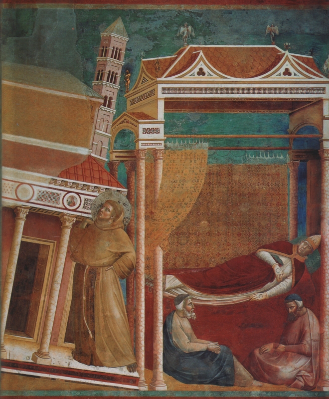 Der Papst sah die Lateransbasilika, die schon fast in Ruinen lag und ein Armer, oder der Heilige Franziskus, nahm sie auf seinen Rücken und hielt sie um zu verhindern, dass sie fiel