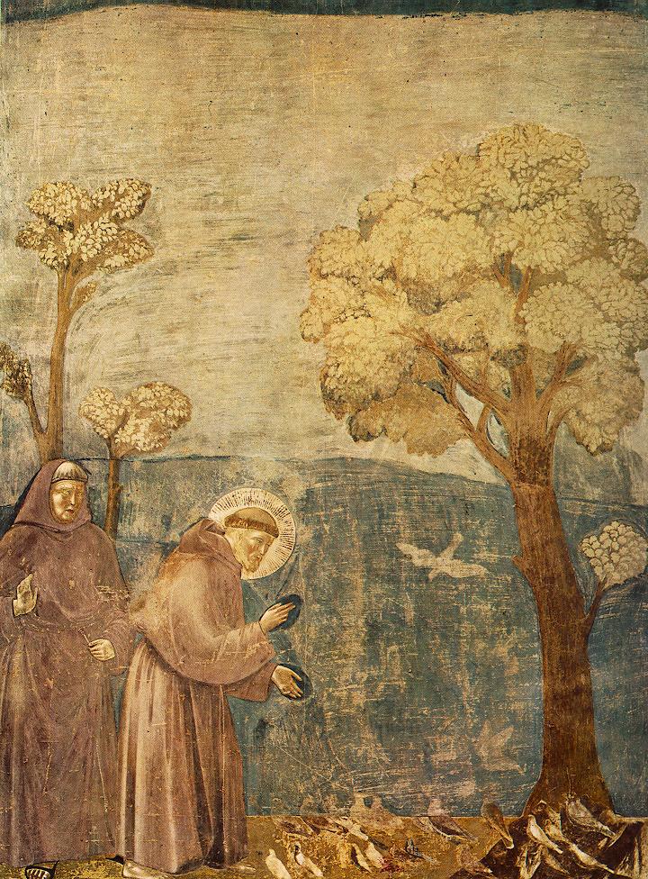 Giotto di Bondone: Franziskus predigt den Vögeln, Fresko, 1297 - 99, in der Oberkirche der Basilika San Francesco in Assisi