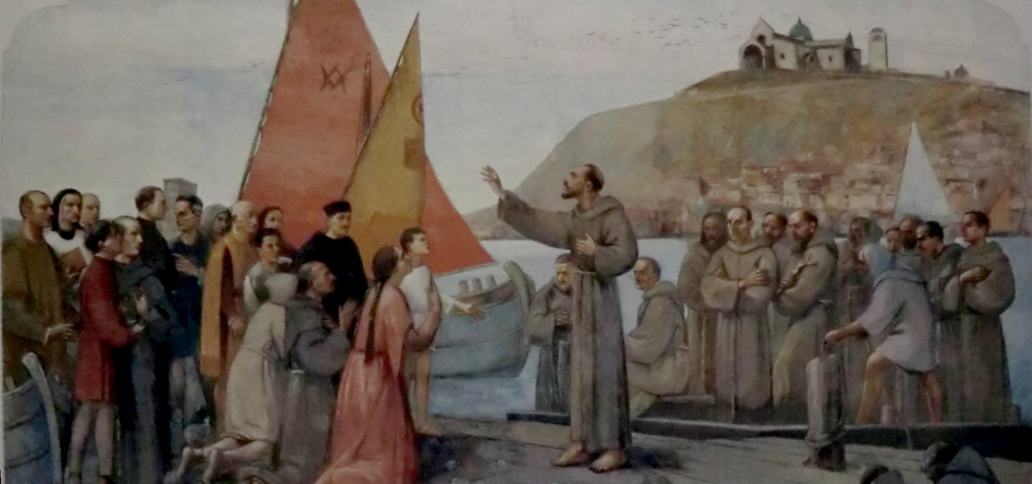 Fresko: Franziskus' und seiner Brüder Abreise ins Heilige Land, im Santuario Joseph von Copertino in Osimo