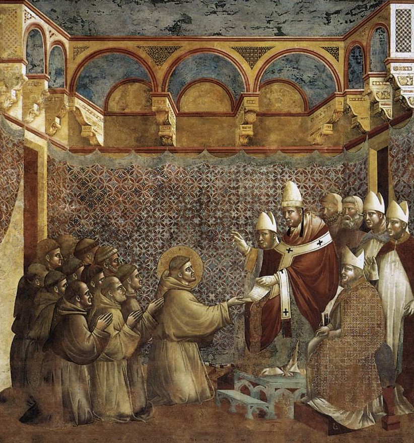 Giotto di Bondone: Franziskus' Ordensregeln werden vom Papst bestätigt. Fresko in der Oberen Basilika in Assisi, 1297 - 1299
