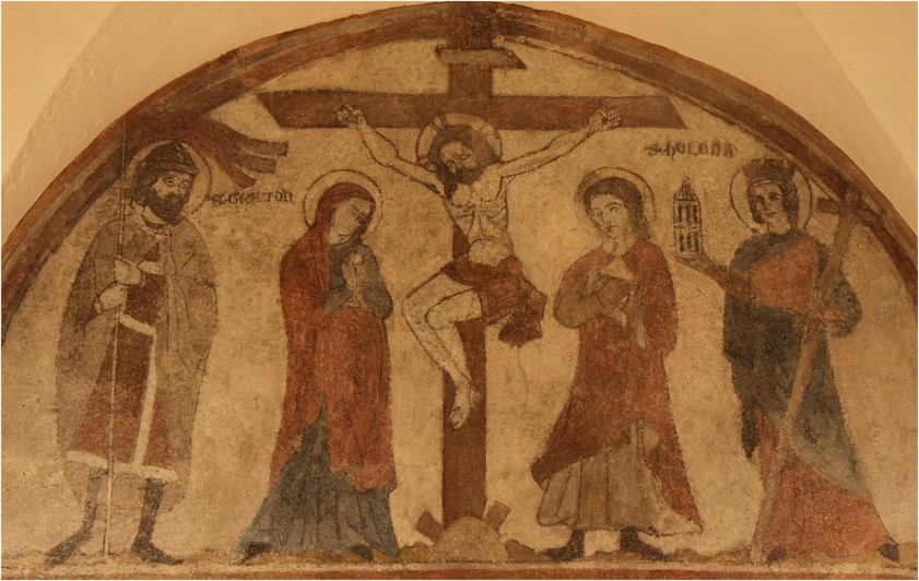 Wanmalerei: Kreuzigung Christi mit Gereon (links) und Helena (rechts) in der Krypta der Basilika St. Gereon in Köln