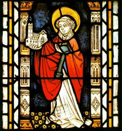 Glasfenster: Goar mit Kirchenmodell und Buch, in der Stiftskirche in St. Goar