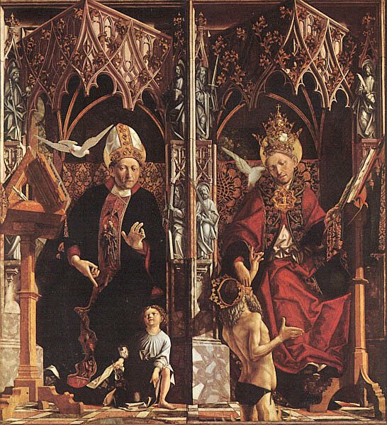 Michael Pacher: Altar der vier lateinischen Kirchenväter - Detail mit Augustinus (links) und Gregor dem Großen, um 1483, in der Alten Pinakothek in München