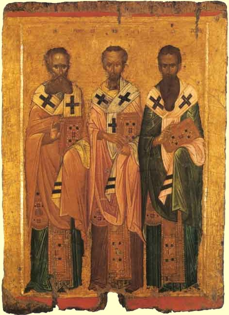 Byzantinische Ikone: Gregor, Johannes Chrysostomus und Basilius der Große, 14. Jahrhundert