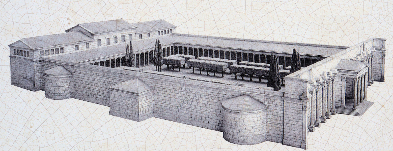 Modell von Hadrians Akademie (links) in Athen