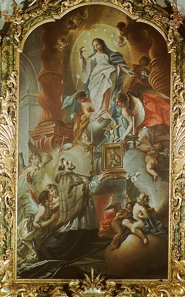 Cosmas Damian Asam: Johannes kniend vor dem Gnadenbild der Madonna von Altbunzlau, 1737, in der Johannes geweihten Kapelle in der Stadtpfarrkirche in Meßkirch