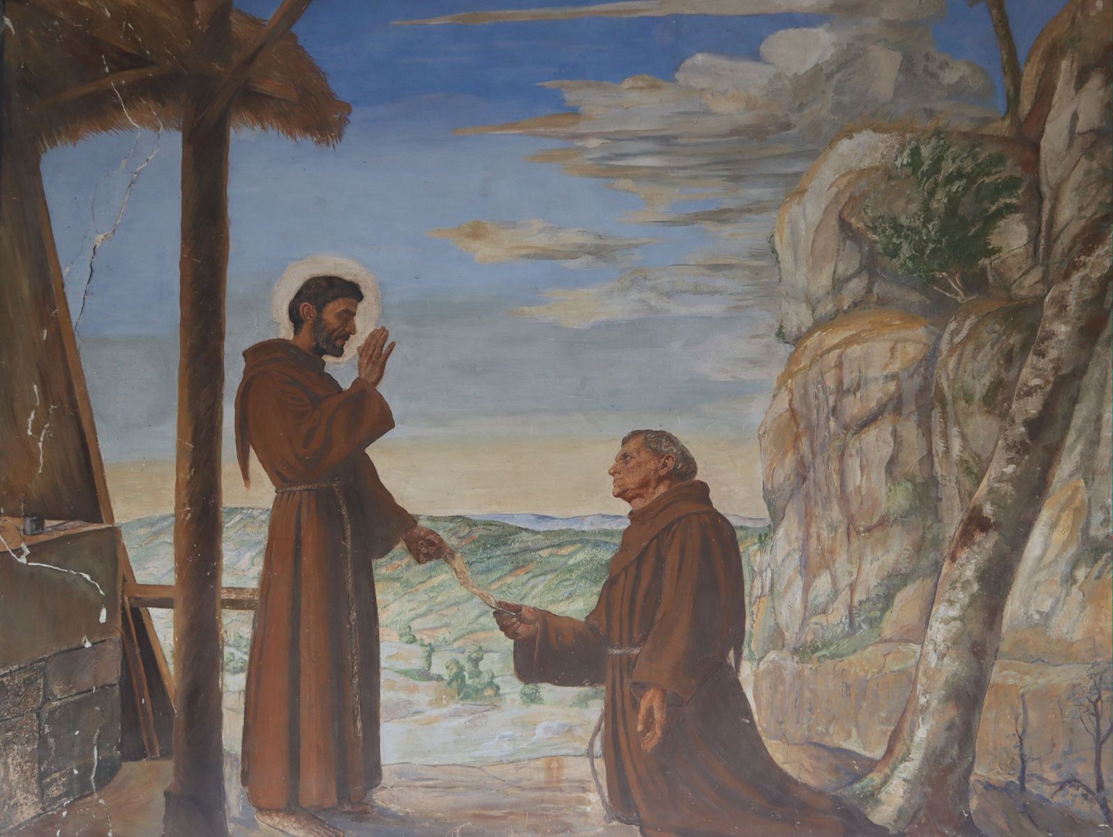 Franziskus weiht auf La Verna Bruder Leo in das Geheimnis seiner Stigmatisierung ein, Fresko im „Korridor der Stigmatisierung” im Sanktuarium La Verna