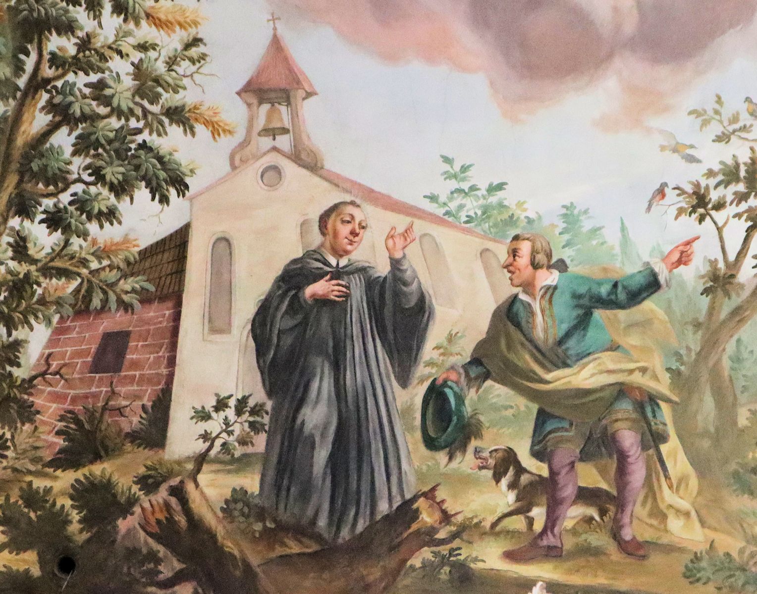 Ignaz Baldauf (1715 - 1795): Leonhard wird von einem Boten in seiner Einsiedelei aufgesucht und als Geburtshelfer zur Königin gerufen, Deckenfresko, in der Wallfahrtskirche St. Leonhard in Inchenhofen