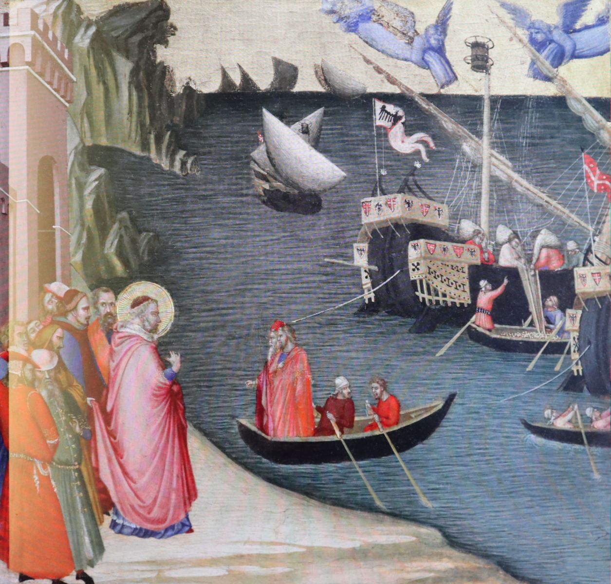 Ambrogio Lorenzetti: Nikolaus bekommt Getreide von den Schiffern, um 1327, in der Galleria degli Uffizi in Florenz