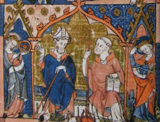 Buchmalerei: Oswald (links) als Gründer des Klosters Ramsey mit Abt Eadnoth, um 1300, aus dem Ramsey-Psalter, heute in der
Pierpont Morgan Library in New York