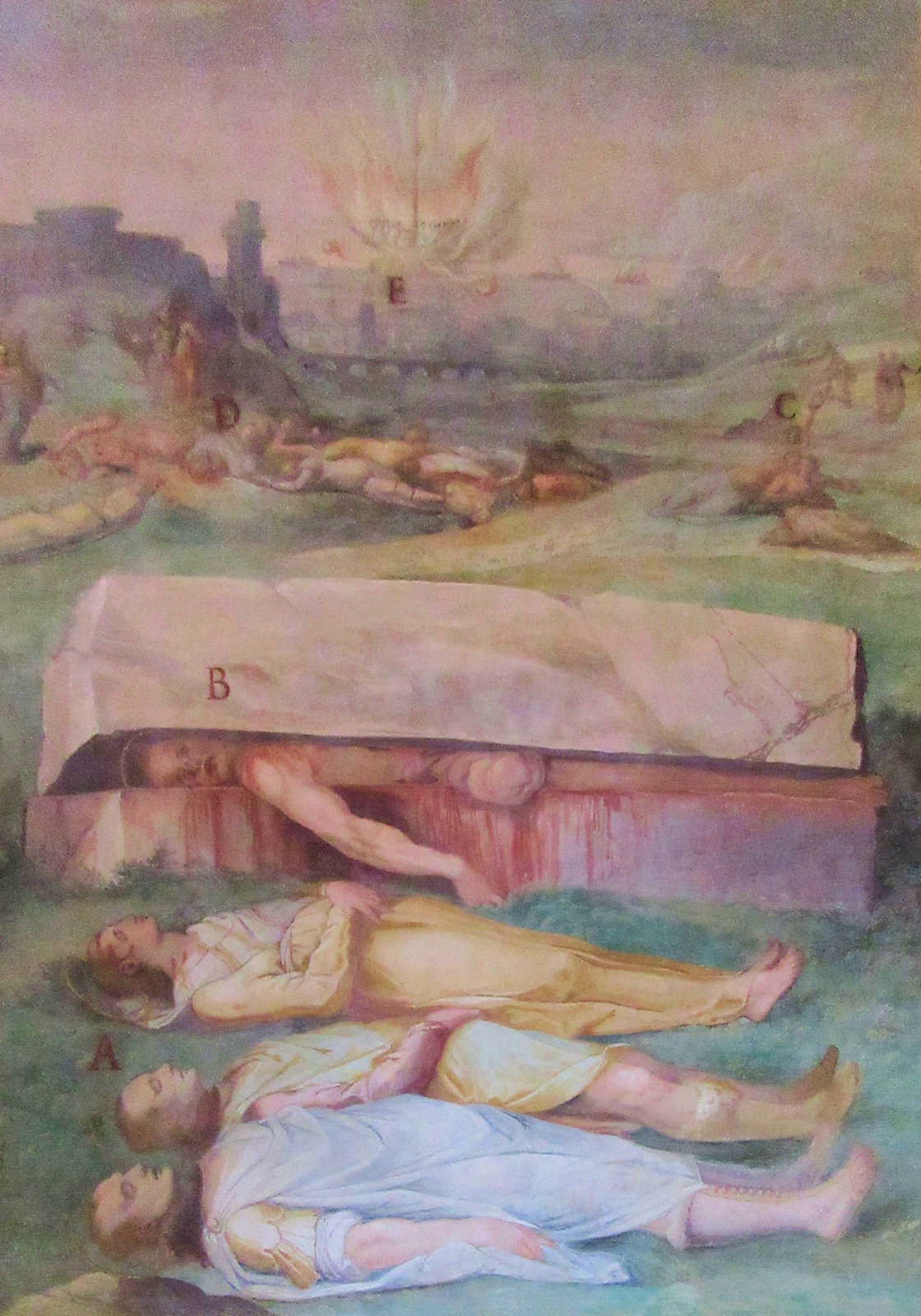 Das Martyrium von Paulus und Johannes, im Hintergrund das von Pigmenius von Rom, Fresko, um 1600, in der Kirche Santo Stefano Rotondo in Rom