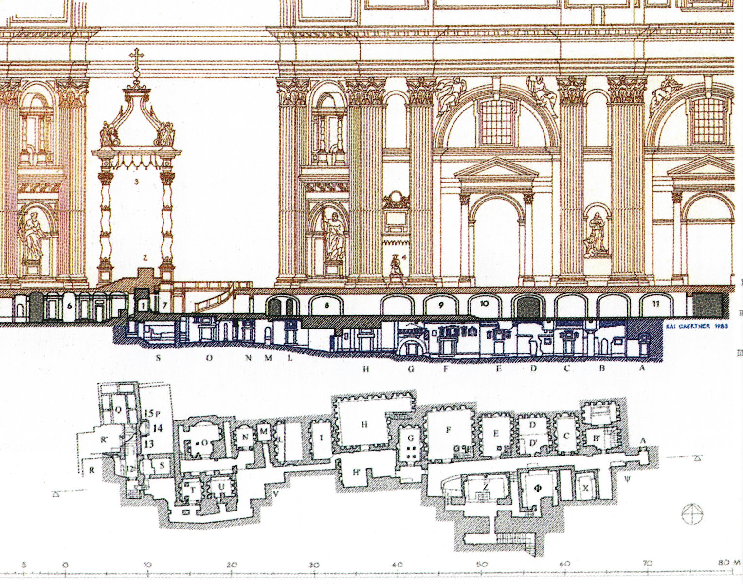Schnittzeichnung des Petersdomes (braun), der darunter liegenden „Vatikanischen Grotten” mit dem Petrusgrab, Nr. 1, und unter den Grotten die 1940 bis 1949 ausgegrabene Nekropole mit dem Petrusgrab, Nr. 14 in der Draufsicht