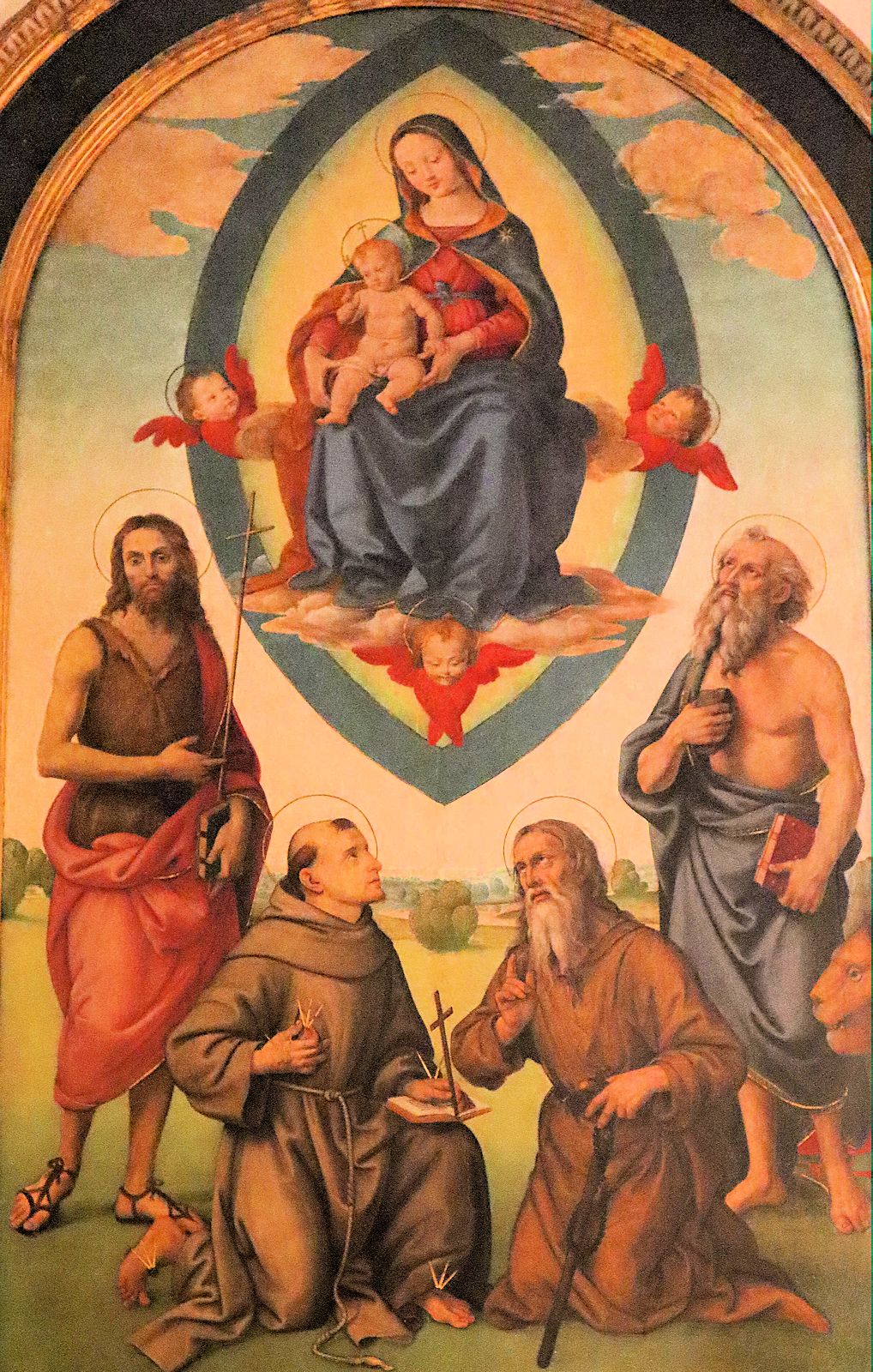 Raffaele Carli: Maria mit (von links) Johannes dem Täufer, Bartholomäus Buonpedoni, Vivaldus und Hieronymus, um 1500, in der Klosterkirche San Vivaldo bei Montaione
