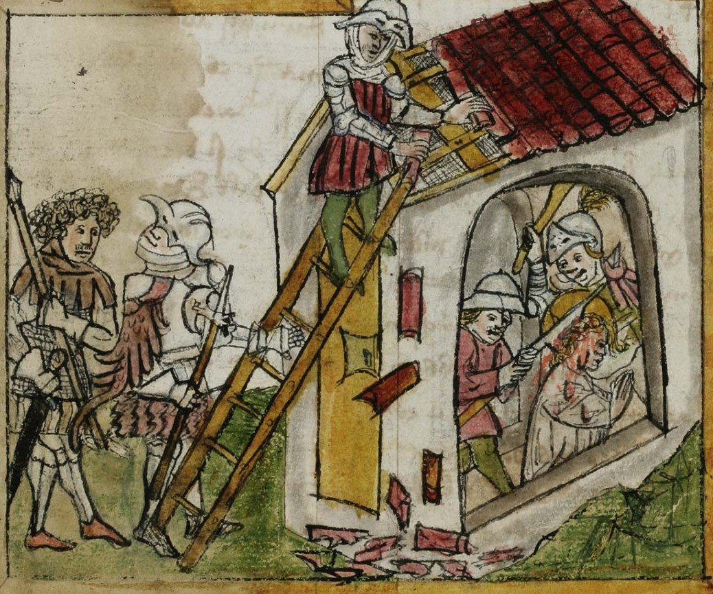 Cuonrad Sailer (?): Buchmalerei aus „St. Galler Hausheilige”: Wiborada wird von den Ungarn erschlagen, um 1455, in der Stiftsbibliothek im Kloster St. Gallen