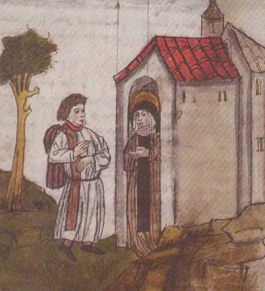 Cuonrad Sailer (?): Buchmalerei aus „St. Galler Hausheilige”: Wiborada an ihrer Zelle, um 1455, in der Stiftsbibliothek im Kloster St. Gallen