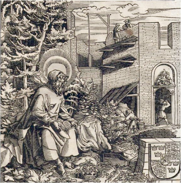 Leonhard Beck: Wunibald beim Bau des Klosters, Holzschnitt, 1522