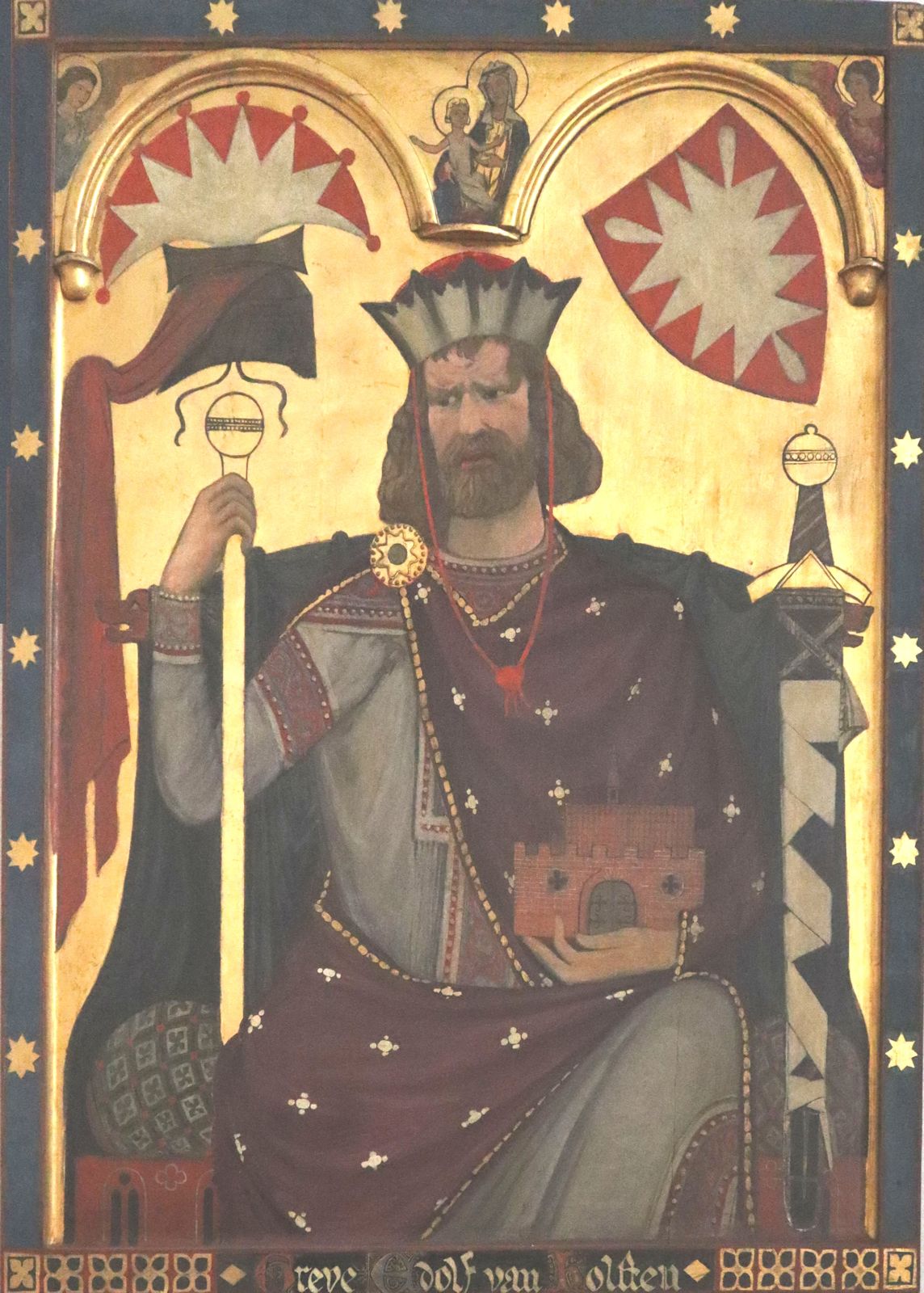 Christian III., König von Dänemark und Norwegen und Herzog von Schleswig, ein eifriger Förderer der Reformation, mit Johannes Bugenhagen, Banner in der Nikolaikirche in Kiel