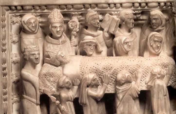 Relief: Armentarius (2. von links) bei der Überführung der Gebeine von Augustinus von Hippo, am Augustinus-Altar in der Kirche San Pietro in Ciel d’Oro in Pavia