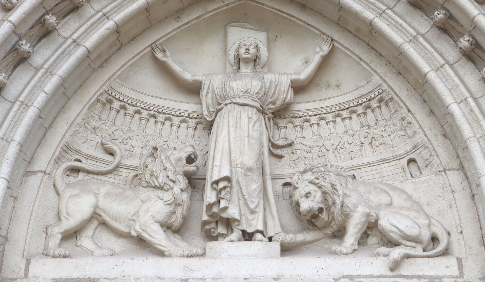 Jules Comparat: Tympanon, 1886, an der 1863 bis 1869 gebauten  Kirche Sainte-Blandine im Stadtteil Perrache in Lyon