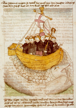 Buchmalerei aus der germanischen Übersetzung der 'Navigatio fabulosa sancti Brendani ad terram repromissionis', um 1460