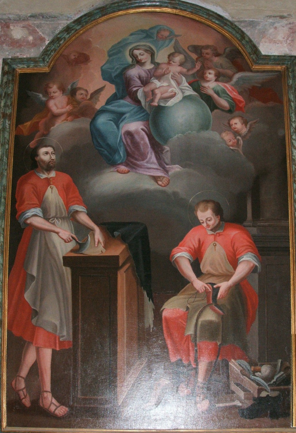 Petrus von Saluzzo: Crispinus und Crispinianus als Schuhmacher, 15. Jahrhundert, in der Johanneskirche in Saluzzo