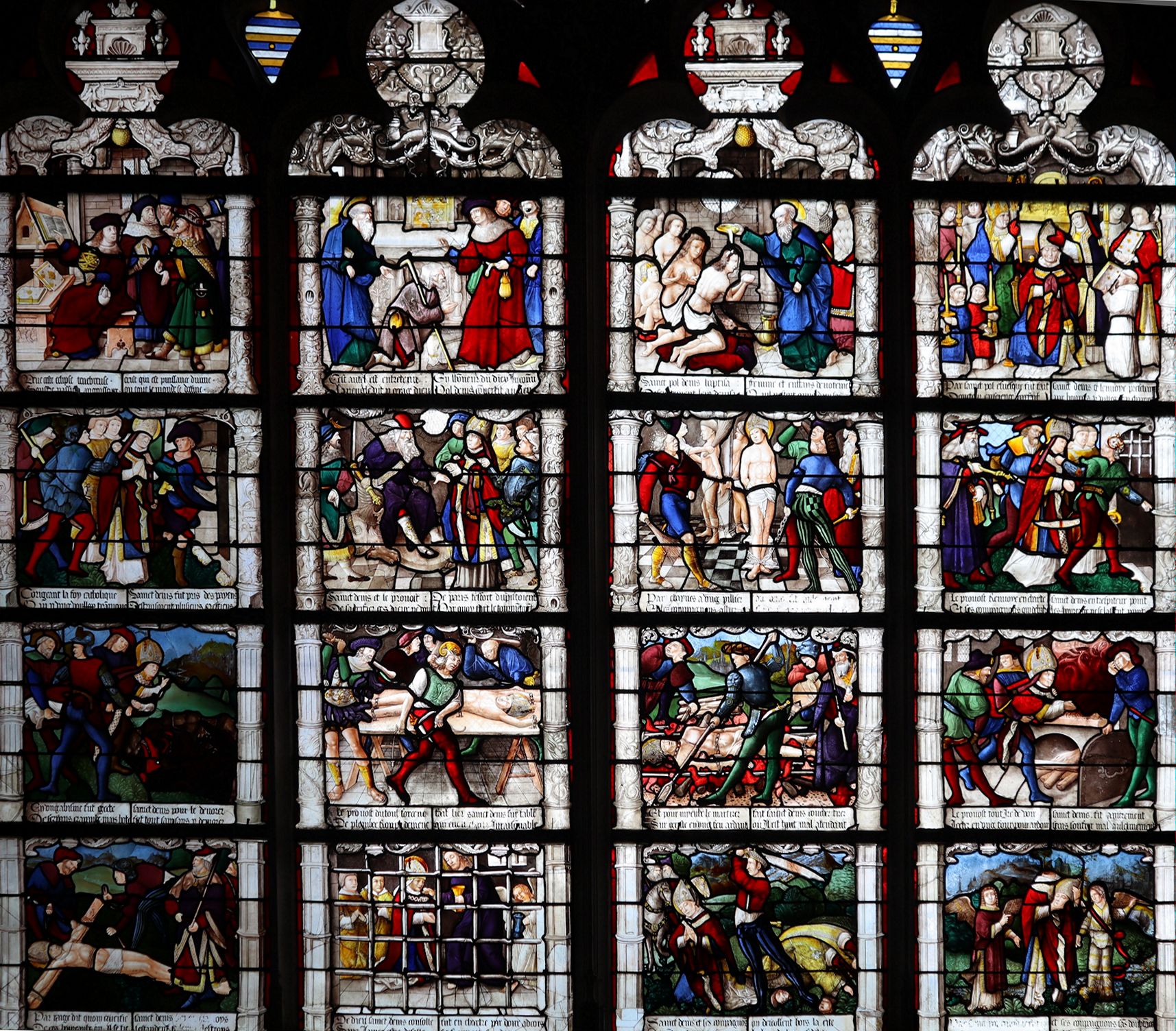 Glasfenster: die Legende des Dionysius von Paris und des Dionysios Areopagites, um 1517, in der Kathedrale in Bourges