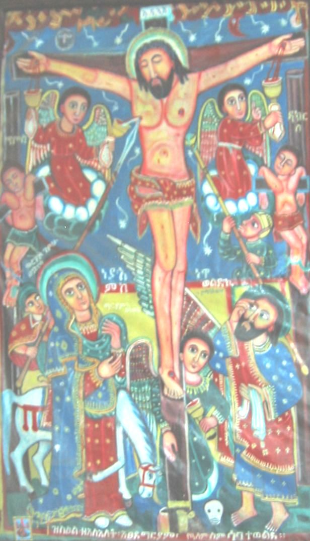 Wandmalerei: Jesus am Kreuz mit Dismas (oben rechts), in der Felsenkirche Bete Gabriel-Rufael in Lalibela in Äthiopien