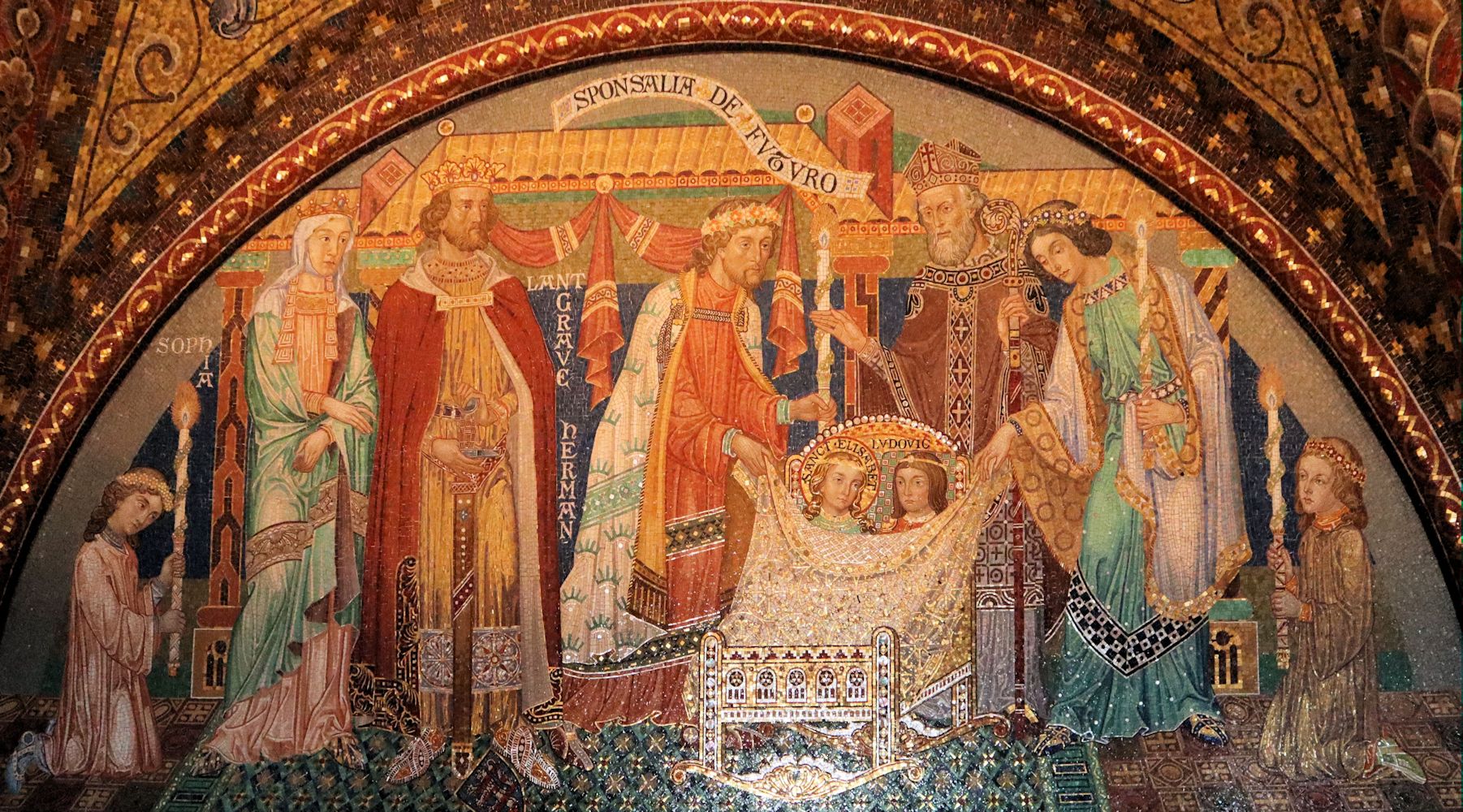 August Oetken: Die Verlobung von Elisabeth und Ludwig IV. von Thüringen, Mosaik, um 1904, in der Elisabeth-Kemenate auf der Wartburg