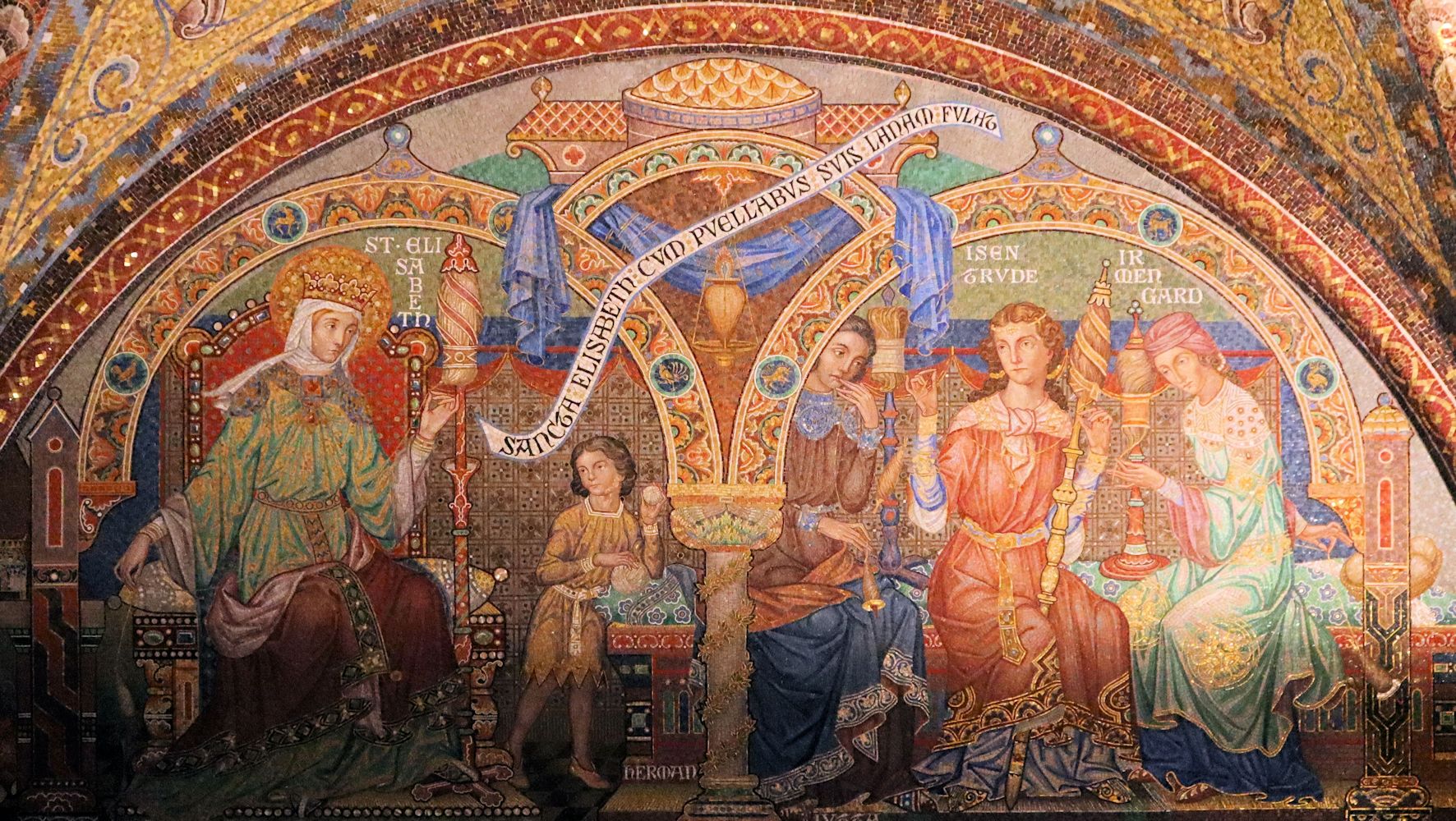 August Oetken: die demütige Elisabeth beim Spinnen, Mosaik, um 1904, in der Elisabeth-Kemenate auf der Wartburg