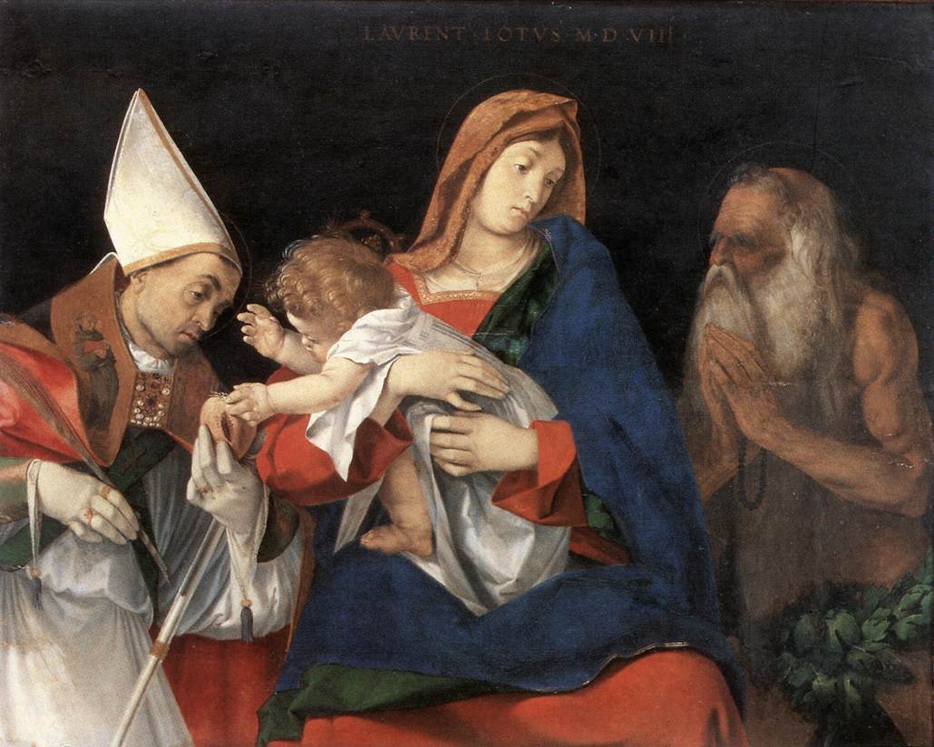 Lorenzo Lotto: Flavian (links), Maria und das Jesuskind sowie Onuphrios (rechts), 1508, in der Galleria Borghese in Rom