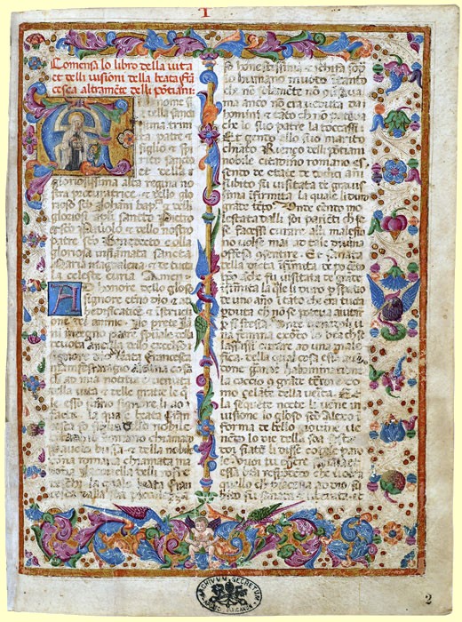 Vita der Franziska, verfasst in der Landessprache von ihrem Beichtvater Giovanni Mattiotti, 1469, im Geheimarchiv des Vatikan