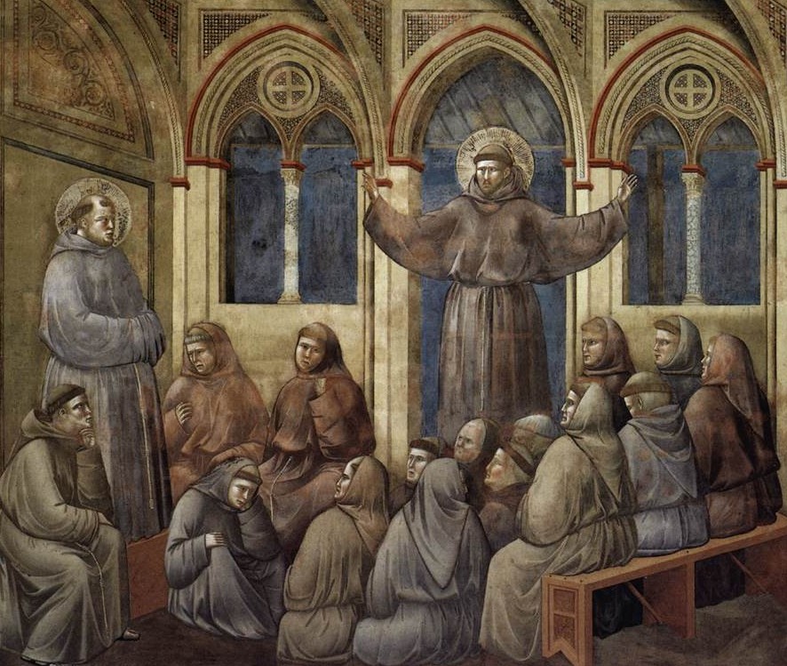 Giotto di Bondone: Franziskus erscheint seinen Brüdern in Arles. Fresko, 1297 - 1300, in der Oberen Kirche des Franziskus in Assisi