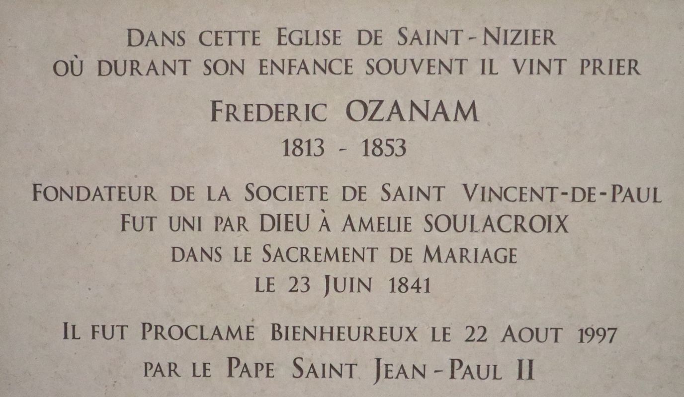 Tafel zum Gedenken an Ozanams Hochzeit, in der Kirche Saint-Nizier in Lyon