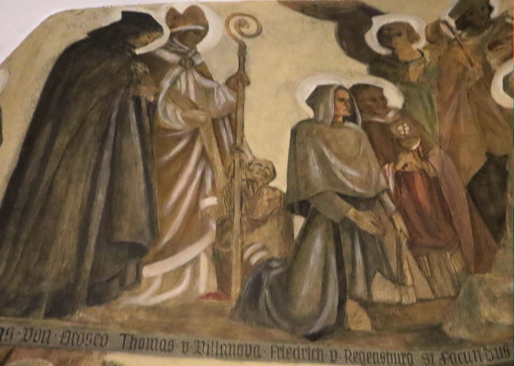 Friedrich (halbrechts) mit Johannes González von Sahagún (links), Alfons von Orozco (halblinks) und Thomas García von Villanova (rechts),Fresko in der Augustinerkirche in Würzburg
