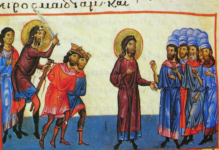Buchmalerei: Gideon tötet die Midianiterkönige Sebach und Salmunna, 13. Jahrhundert, im Oktat des Klosters Vatopedí auf dem Athos