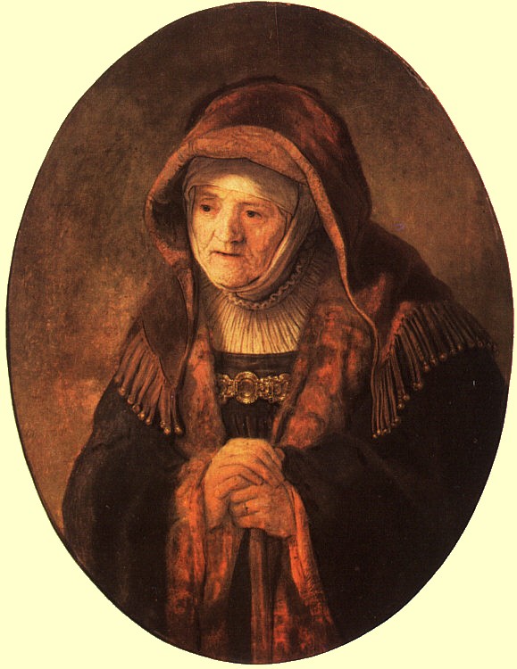 Rembrandt: Porträt seiner Mutter, entstanden ein Jahr vor ihrem Tod; der jüdische Gebetsmantel charakterisiert sie als Prophetin Hanna, 1639, im Kunsthistorischen Museum in Wien