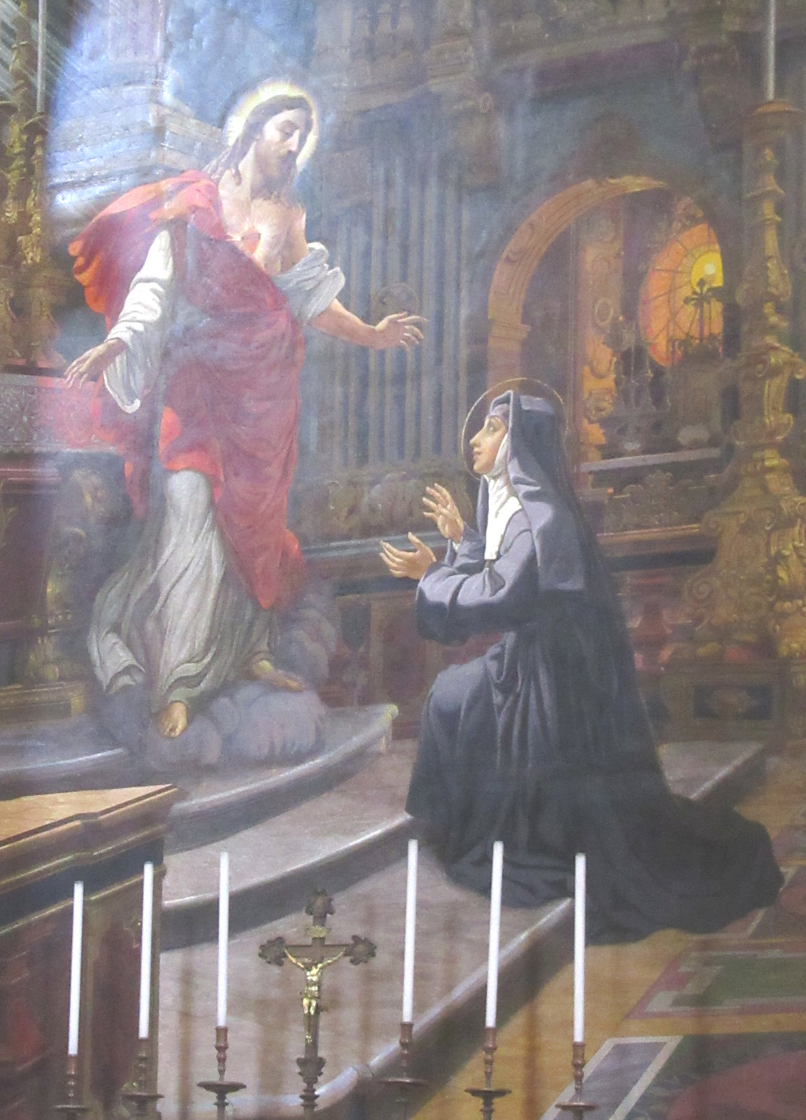 Margareta Maria Alacoque betend vor dem Herzen Jesu, Altar, um 1935, an einem der Vierungspfeiler im Petersdom in Rom
