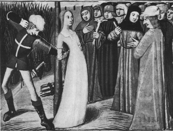 Darstellung aus dem Mittelalter: Johanna auf dem Scheiterhaufen