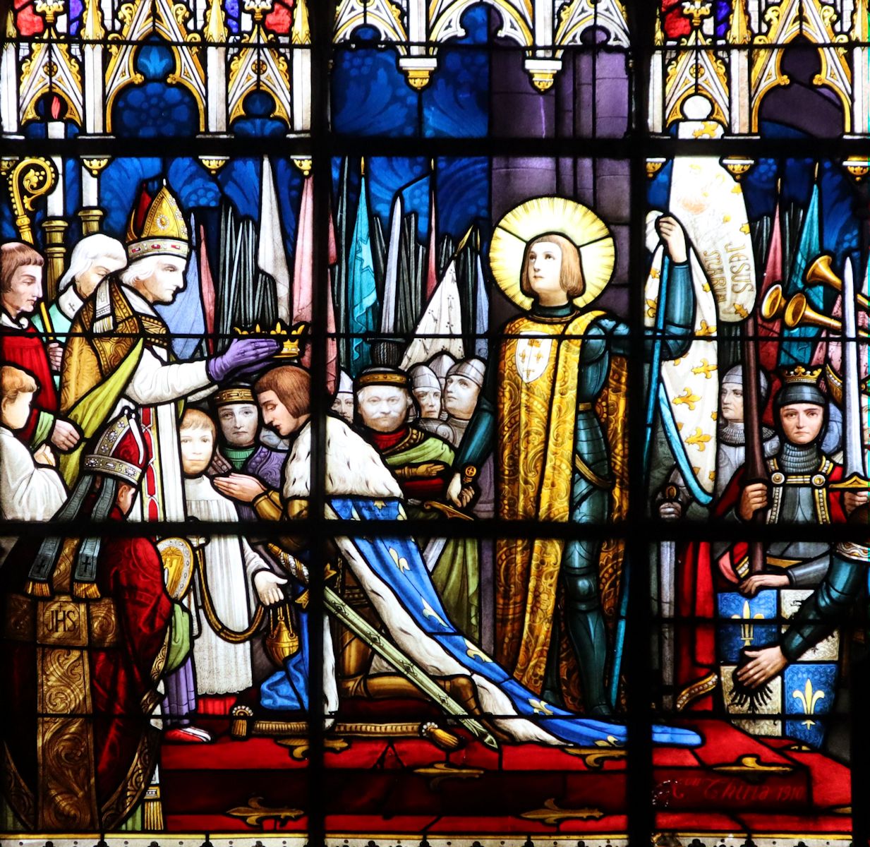Glasfenster: Johanna bei der Krönung von König Karl VII., 1910, in der Kirche St-Martin in Metz